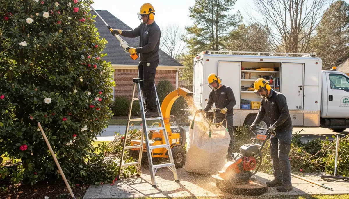 Tree service crew removing overgrown shrubs in Burlington, NC