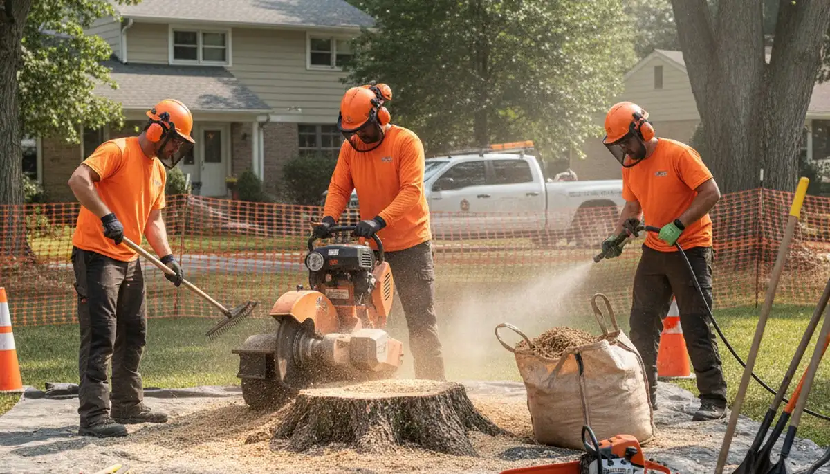 Stump removal service in Burlington, NC clearing a yard with professional tree care equipment