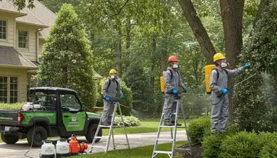 Tick control service technician treating yard in Burlington, NC for tree service customers