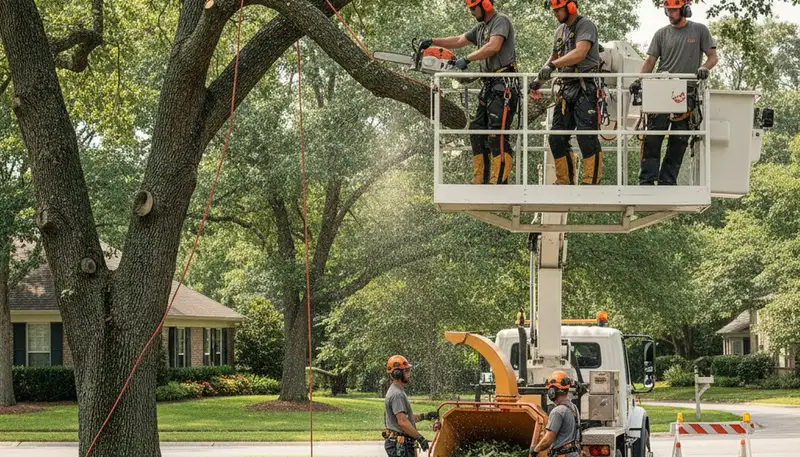 Tree removal crew in Burlington, NC removing a hazardous tree from a residential property