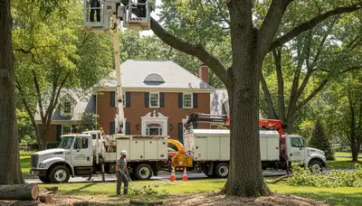 Tree service crew in Burlington, NC handling professional tree removal and trimming in a residential area