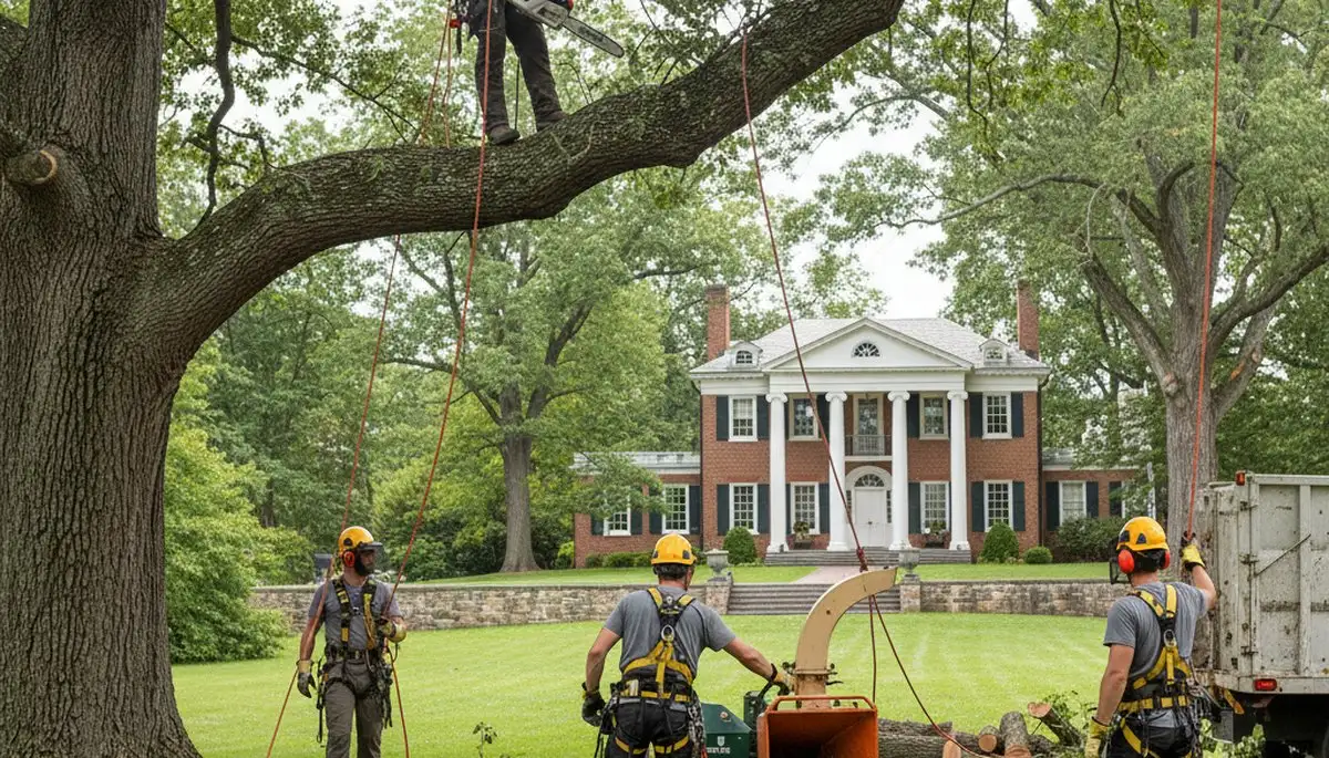 Tree service crew trimming trees in Burlington, NC for safe, professional property care