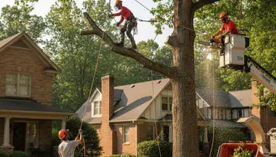 Tree service crew in Burlington, NC trimming and removing a tree near a home