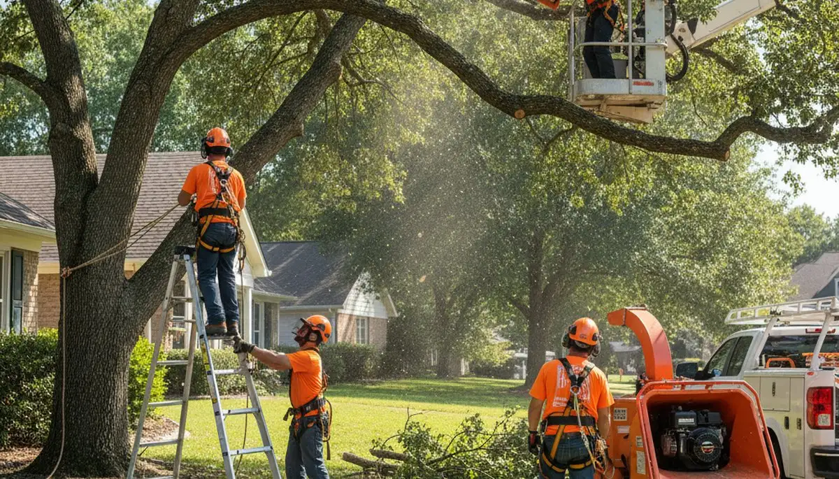 Tree service crew trimming trees in Burlington, NC for safer, healthier property care